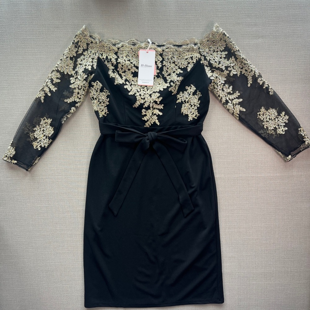 JJs House Prisca Black‎ Gold Lace Off Shoulder Cocktail Dress XL Long Sleeve NWT